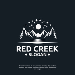 Sticker - Red Creek Adventure logo design template. a scenic landscape of a flowing creek surrounded by vibrant red foliage, perfect for nature-themed designs and advertising.