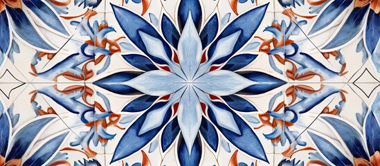 Canvas Print - A symmetrical pattern of blue and orange flowers creates a kaleidoscope effect on a white background, resembling a creative arts masterpiece