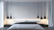 Designing a minimalist, black and white bedroom with clean lines and statement pendant lighting.
