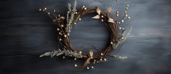 Poster - A body jewelry wreath made of natural materials, such as branches and flowers, hangs on a wooden wall. The circleshaped fashion accessory adds a touch of electric blue to the event decor