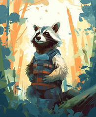 Wall Mural - Raccoon among the trees in the bright sun.