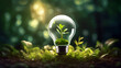 A small green plant with leaves is growing inside a clear light bulb, placed on soil with green foliage in background, concept of eco-friendly energy