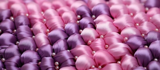 Poster - A close up of a pillow in shades of pink and purple, adorned with pearls, reminiscent of petals from a flowering plant in vibrant magenta and violet hues