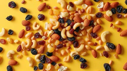 Wall Mural - Yellow background with variety of nuts and dried fruit scattered across it