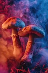 Wall Mural - Two mushrooms are in front of smokey background