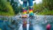 Child splashing in rain puddle wearing colorful rubber boots, enjoying carefree playtime and outdoor fun on a rainy day
