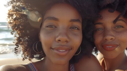 Two women with curly hair are smiling at camera