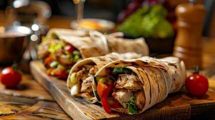 Wall Mural - Delicious Shawarma Served on Wooden Board in Cafe, Grilled Pita Wrapping Chicken and Fresh Vegetables