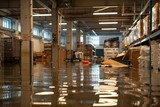 Fototapeta Do pokoju - Aftermath of a flood inside a warehouse, water damaged industrial building