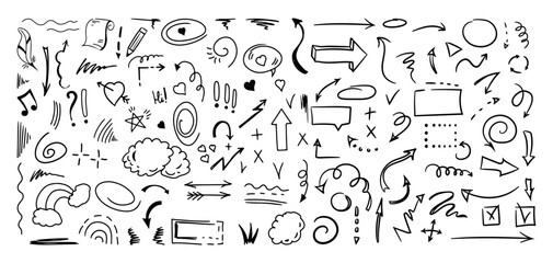 Simple sketch line style elements. Doodle cute ink pen line elements isolated on white background. Doodle arrow, heart, star, decoration symbol, icon set. Vector illustration..