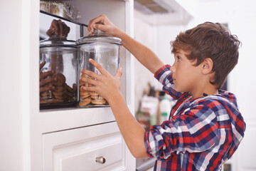 Cookies, kitchen and snack for boy in house for steal, sneaky or sugar in pantry or cupboard for meal. Young person or kid with hand in jar for biscuit, sweet or naughty for wrong or childhood