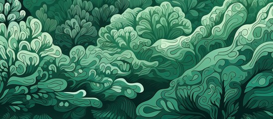 Wall Mural - A vibrant painting depicting a lush green forest landscape with towering trees, swirling patterns, and a serene water stream running through the scene