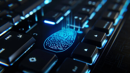 Poster - fingerprint scanner in keyboard biometric verification modern cybersecurity technology concept, digital data protection 