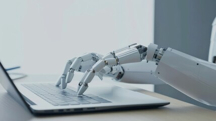 The AI robot sits at a desk, typing on a laptop. The robot appears to work in the manner of an office employee. Interaction between humans and artificial intelligence technologies.