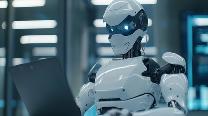 The AI robot sits at a desk, typing on a laptop. The robot appears to work in the manner of an office employee. Interaction between humans and artificial intelligence technologies.