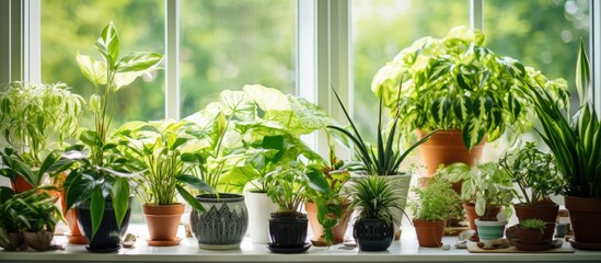 Poster - Several houseplants in various flowerpots, including trees, shrubs, and flowering plants, are placed on a wooden window sill