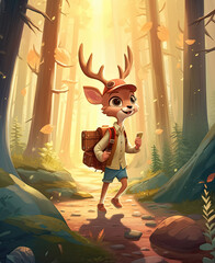 Wall Mural - Cartoon deer tracker in a natural landscape.