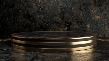 Wall Mural - A sleek, opulent black and gold circular podium designed for showcasing products.