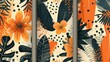 This seamless pattern set combines orange floral and polka dot shapes for a modern exotic design that can be used for wallpaper, covers, fabrics, interior decors, and much more.