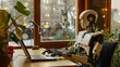 The AI robot sits at a desk, typing on a laptop on a white background. Focus on the interaction between humans and artificial intelligence technologies. Robots collaborate with human work teams