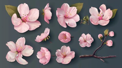 Sakura cherry blossoming flowers bouquet with isolated pink petals, blossoms, branches, and leaves modern set. Illustration of a spring tree design.