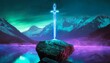 background with clouds, Sword stuck in a rock like in the Excalibur legend , the mythical sword of king Arthur