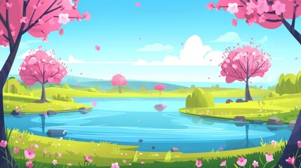 Wall Mural - An illustration of a spring landscape with pink blossoming trees surrounding a lake. A natural scene with blue water in a pond, green grass, wildflowers and bushes, and a cloudy sky.