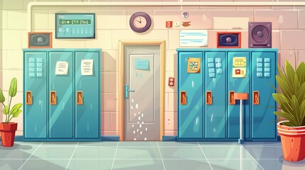 Wall Mural - In this cartoon interior elements set, lockers with closed doors, water flowing over a sink, a noticeboard with announcements and bulletins, a bell, a wall clock, a speaker, and a plant are