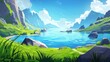 Cartoon summer natural landscape with rocky hills on horizon. Pond beach with grassland under blue sky with clouds. Blue water in a lake or river by foot of mountains with green grass and path on