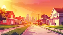 The Streetscape Of A Village Against The Backdrop Of A Sunset City. Modern Cartoon Illustration Showing A Rural Alley With A Green Lawn, Modern Skyscrapers, Pink And Orange Sky, Sun On The Horizon, A