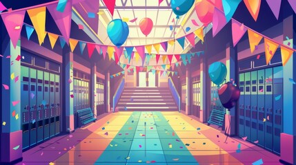 Wall Mural - The hallway of a school during a holiday or graduation event will be decorated with party flags, balloons, and drapery. There will be stairs and lockers in the hallway. Cartoon modern illustration of