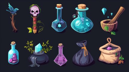 Wall Mural - Icon set for rpgs or halloween designs. Magic witch staff with spiritual voodoo doll and bird skull with gem stone, potion in glass bottle and wooden spoon, herbs in bag and mortar.