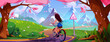 Young woman riding bicycle in mountain park. Vector cartoon illustration of active girl cycling on curvy road with warning sign, pink sakura tree petals flying in air, blue sky, healthy lifestyle