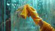 Hand with a glove and a cleaning cloth wiping drops, Cleaning windows with antiseptic or virus remover, Generative Ai