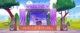 Fototapeta Dinusie - Open air music festival in city park with drums on stage and loudspeakers. Cartoon vector illustration of summer urban garden landscape with stage for band performance, green trees and fan zone.