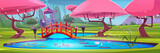 Fototapeta Dinusie - Japanese city park with koi fishes and lotus in pond, wooden bridge, pink flowering sakura trees and traditional shape gazebo. Cartoon vector illustration of spring landscape with blossom cherry.