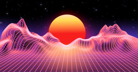 Poster - synthwave background with abstract neon glow grid mountain landscape with gradient sun on sunset. re