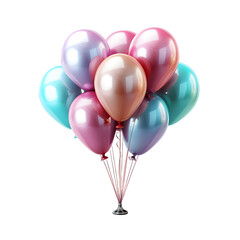 Poster - Bunch of Colorful Holographic Balloons with Confetti Isolated on Transparent Background. Floating Helium Balloons