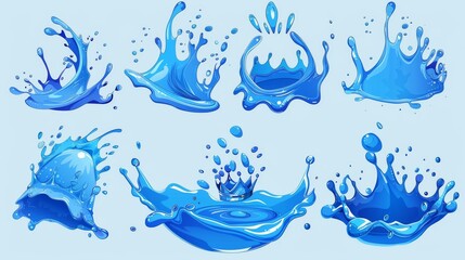 Poster - Water splashes, falling drops, swimming waves and swirls isolated on a blue background. Water motion effects, flows, streams, spills, shapes and crowns isolated on background.