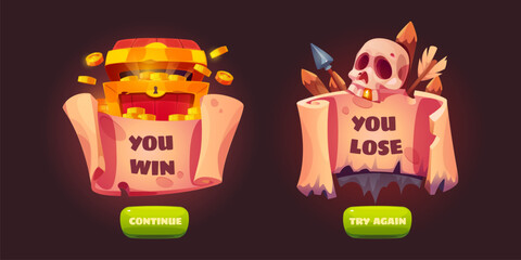 Poster - pirate game win and lose windows set isolated on black background. vector cartoon illustration of ol