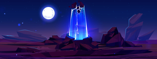 Wall Mural - blue magic portal on fantasy space game landscape background. adventure on alien planet with ancient