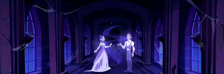 Halloween dark spooky corridor with ghost couple. Horror museum interior cartoon background. Abandoned fantasy gothic scene with mysterious undead monster at night. Old temple room game illustration