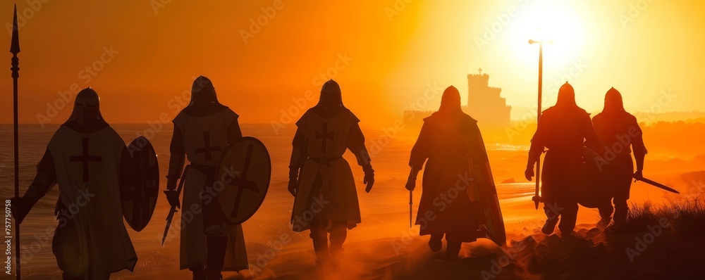 Knights Templar their path lit by the cross in the soft light of sunset ...