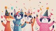 Happy birthday postcard design. Funny wild animals dancing at a celebration party with champagne, wineglasses, and confetti.