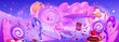 © klyaksun - Fantasy sweet candy land game landscape background. Cute cake and confectionery food with chocolate in dream scene panorama design. Lollipop dessert in candyland world with road and childish nature
