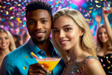 Fototapeta Sawanna - Happy young woman and man with cocktail at a party on the background of party people and colorful flakes and confetti.