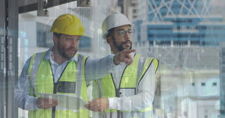 Poster - Image of statistics processing over male architects talking at construction site