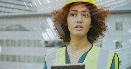 Poster - Image of statistics processing over female architect using tablet at construction site