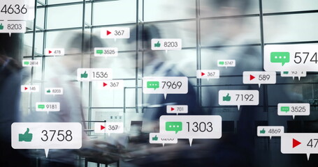 Poster - Image of social media data processing over diverse business people in office