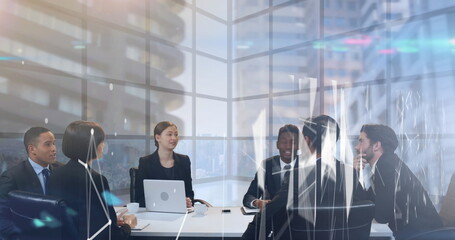 Poster - Image of network of connections over businesspeople in meeting